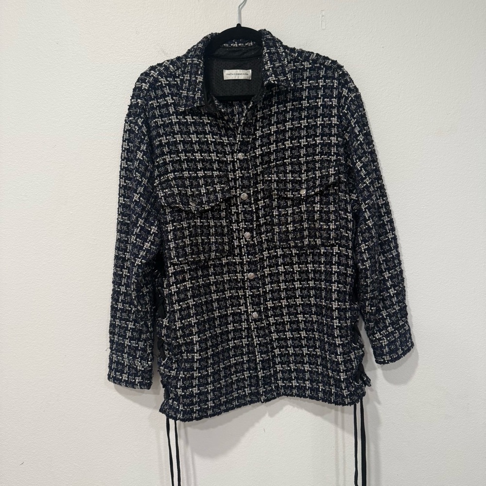 Faith Connexion Black Navy Blue White Laced Tweed Overshirt XS